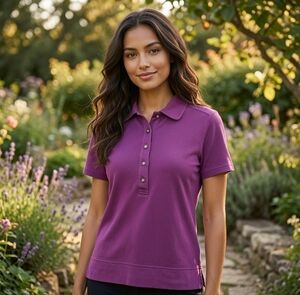Tory Burch Women Polo Shirt Large Purple Pink Short Sleeve Gold Logo Buttons L